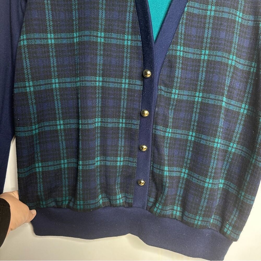 Vintage Cape Cod Faux Cardigan Sweater, Plaid, Button Front, Blue, MEDIUM, USA - Picture 2 of 8